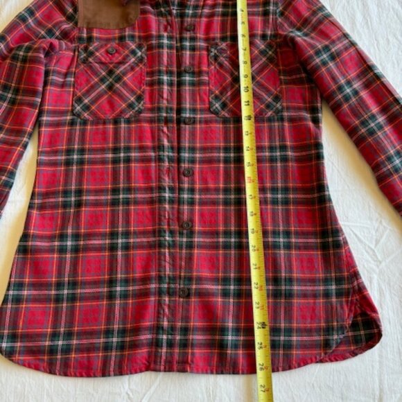 Eddie Bauer Woman's Red Plaid Flannel Shirt with faux leather shoulder patch - Picture 5 of 8